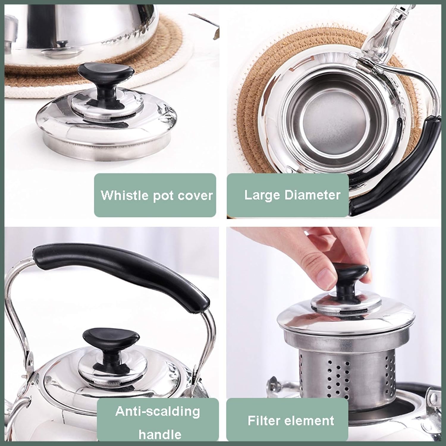 Stainless Steel Stovetop Tea Kettle with Infusers, Cool Handle - 2L Size for Gas, Induction, Electric Stoves