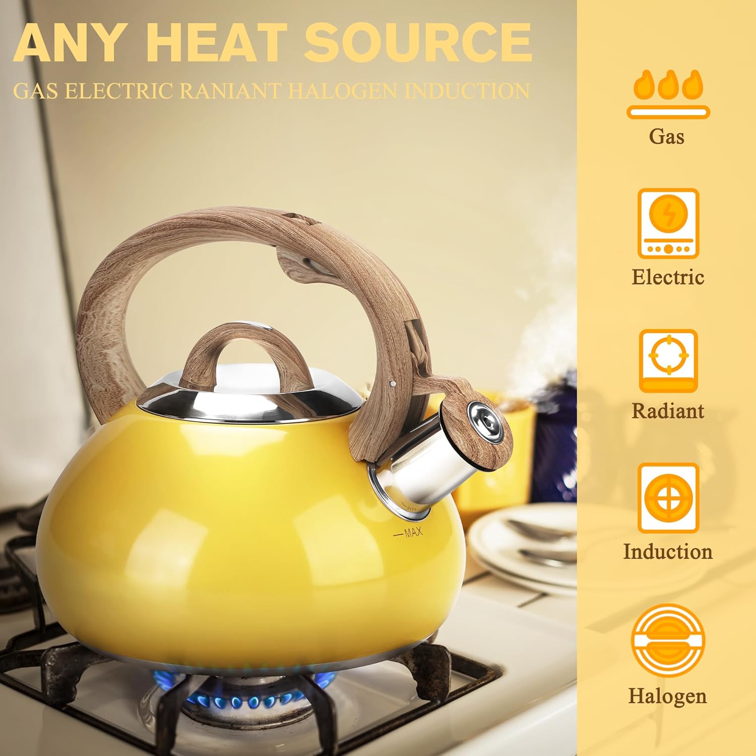 Stainless Steel Tea Kettle for Stove Top Teapot with Ergonomic Handle - 2.5+2.0 Quart Capacity, Food Grade, Anti-Hot, All Heat Sources