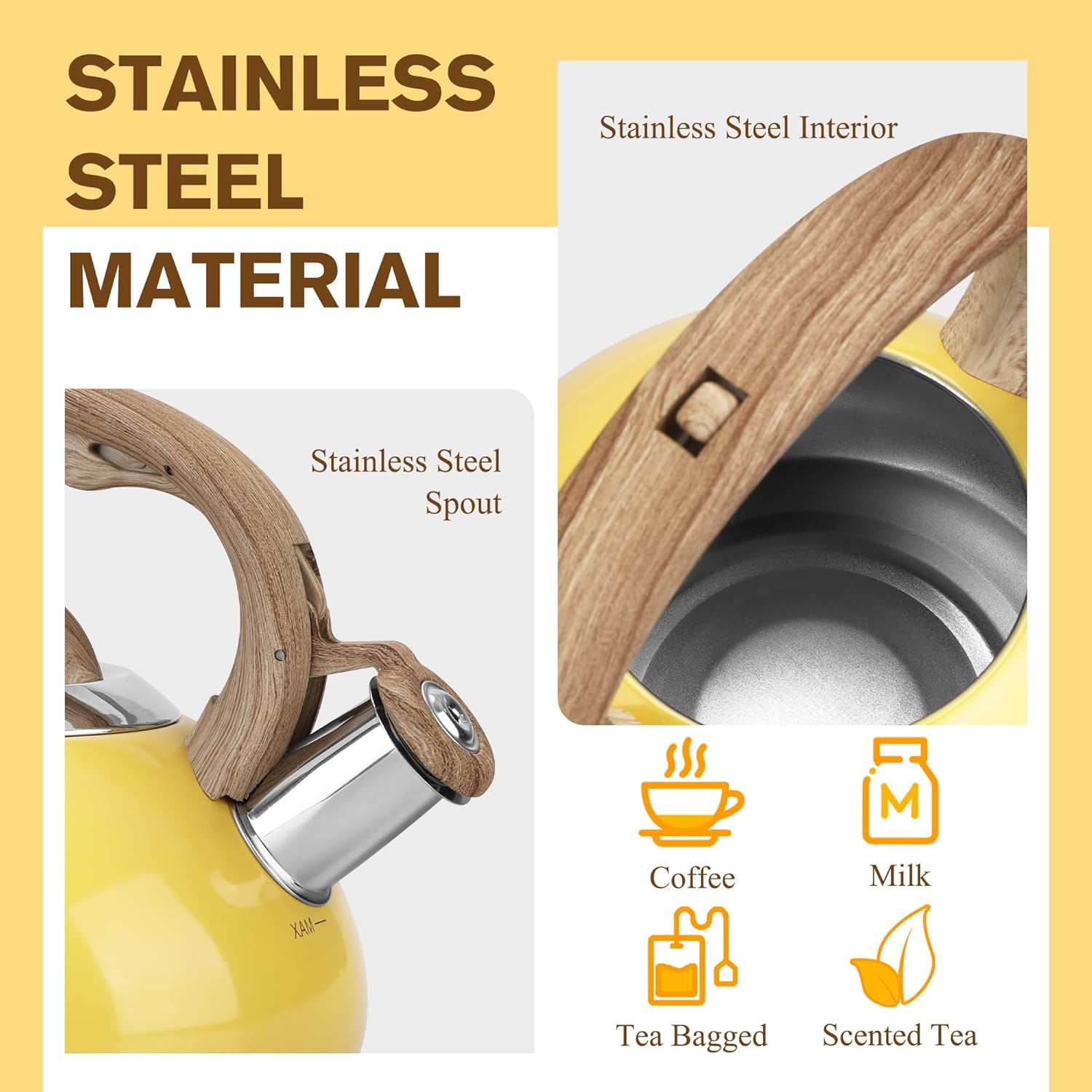 Stainless Steel Tea Kettle for Stove Top Teapot with Ergonomic Handle - 2.5+2.0 Quart Capacity, Food Grade, Anti-Hot, All Heat Sources