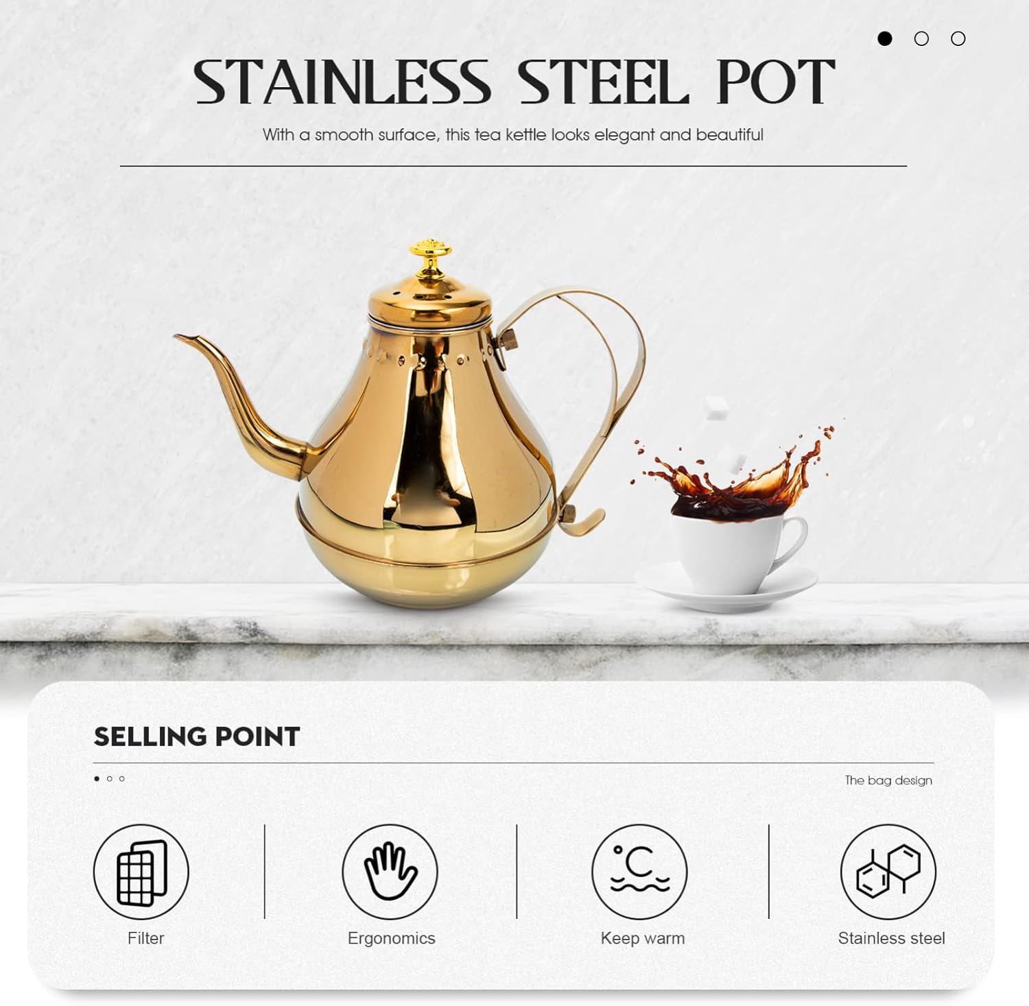 Stainless Steel Tea Kettle with Infuser Filter, Golden Stovetop Teapot for Fast Boiling Tea and Coffee - Small 1.8L