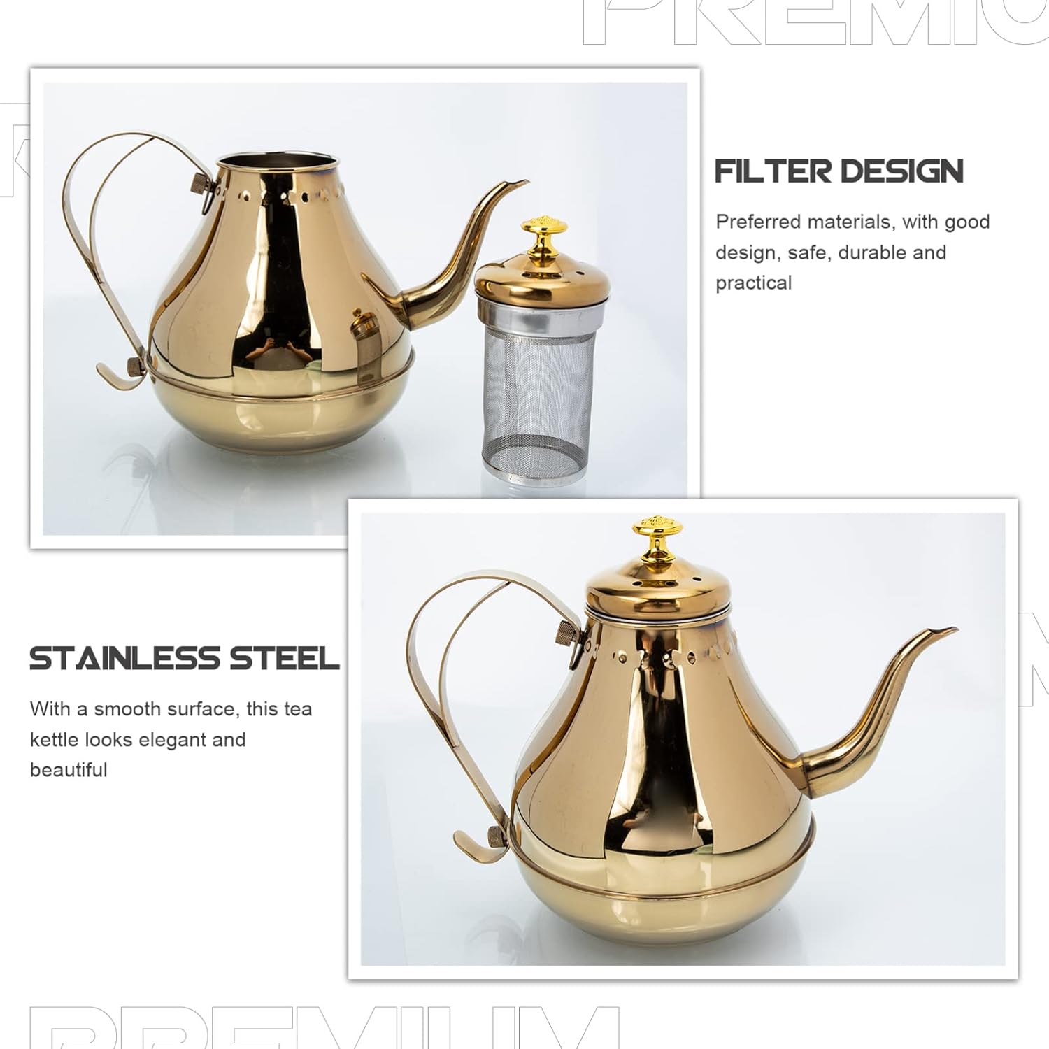 Stainless Steel Tea Kettle with Infuser Filter, Golden Stovetop Teapot for Fast Boiling Tea and Coffee - Small 1.8L
