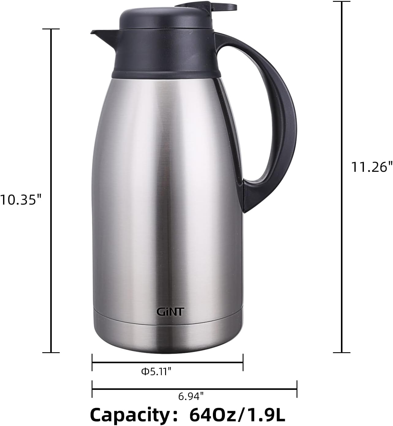 Stainless Steel Thermal Coffee Carafe, Double Wall Vacuum Insulated Dispenser, 12 Hour Heat Retention, 65 oz, Silver