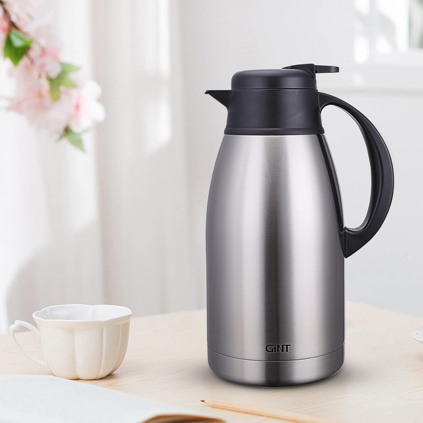 Stainless Steel Thermal Coffee Carafe, Double Wall Vacuum Insulated Dispenser, 12 Hour Heat Retention, 65 oz, Silver