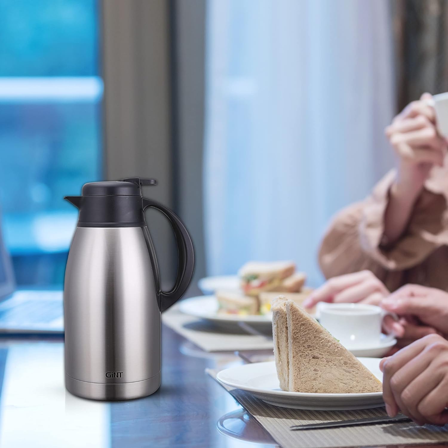 Stainless Steel Thermal Coffee Carafe, Double Wall Vacuum Insulated Dispenser, 12 Hour Heat Retention, 65 oz, Silver