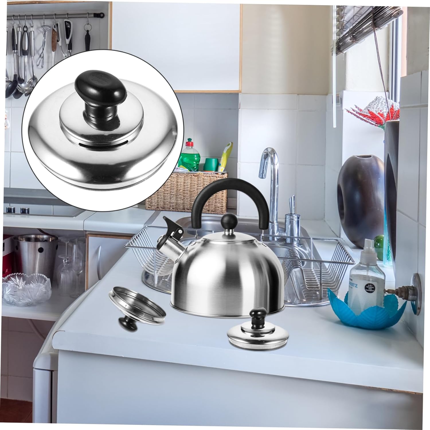 Stainless Steel Whistling Kettle Lid Replacement - Teakettle Top Handle Cover - Cookware Pot Lid Knob - Silver Teapot Lid Handle