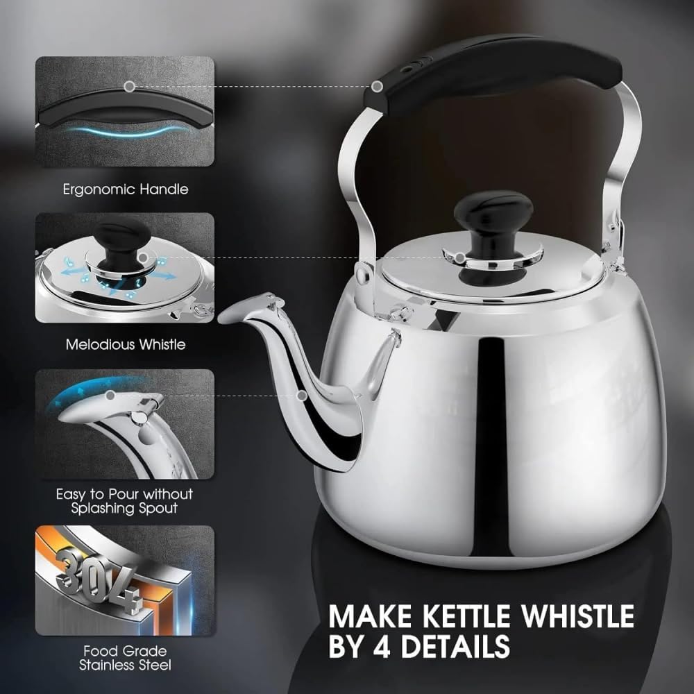 Stainless Steel Whistling Tea Kettle for Household and Kitchen Use - 3L-1L Teapot for Brewing Coffee, Tea, and Espresso on All Stove Types