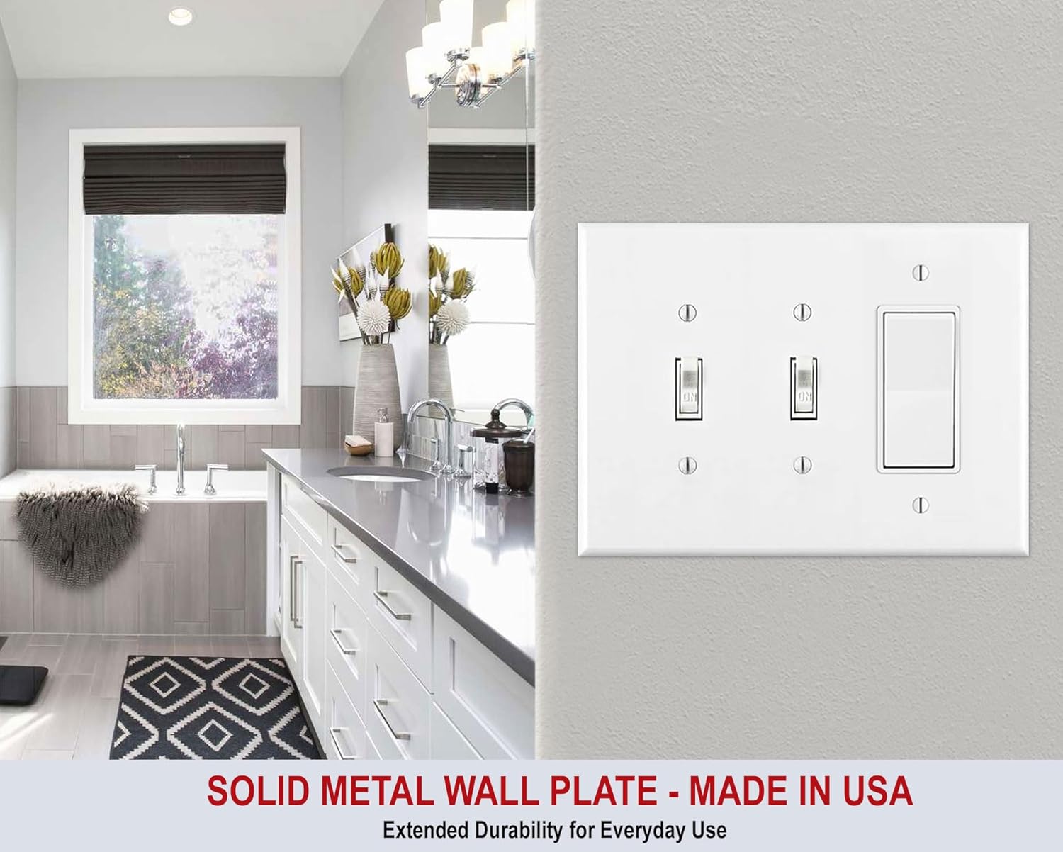 Stainless Steel White Painted 3-Gang Combination Wall Plate - Rocker/GFCI & 2 Toggle Switches - UL Listed, 4.5 x 6.38 Inches - Made in USA