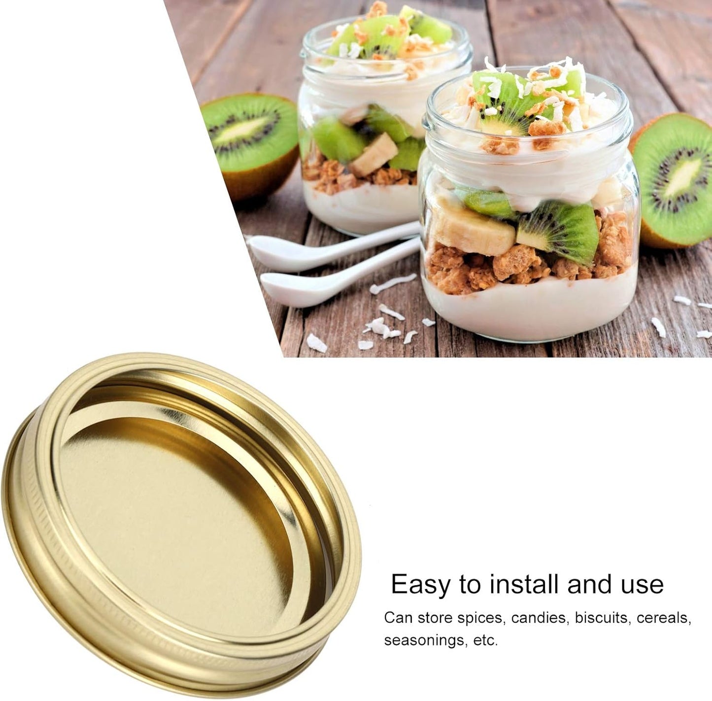 Stainless Steel Wide Mouth Mason Jar Lids Set - 12pcs Leakproof Canning Lids & Rings for 86mm Jars - Split Type Sealing Covers in Gold
