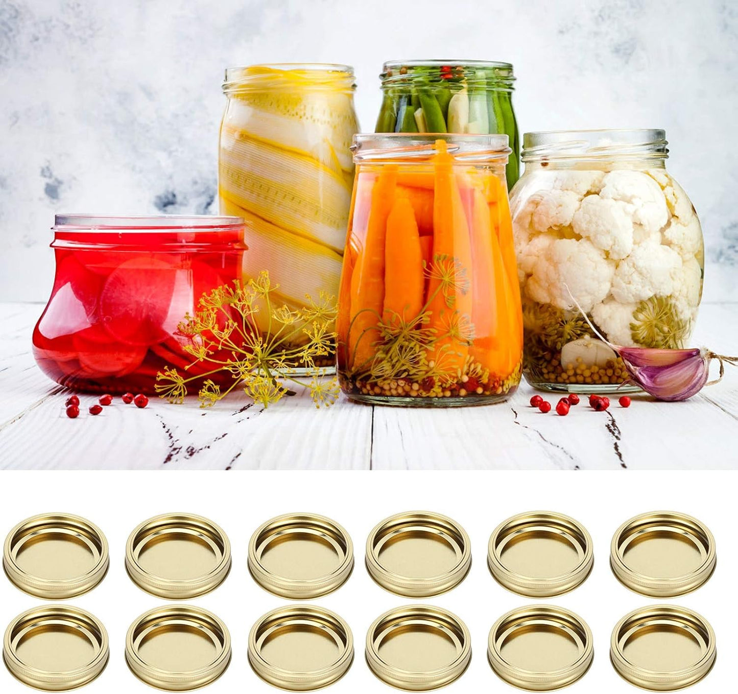 Stainless Steel Wide Mouth Mason Jar Lids Set - 12pcs Leakproof Canning Lids & Rings for 86mm Jars - Split Type Sealing Covers in Gold