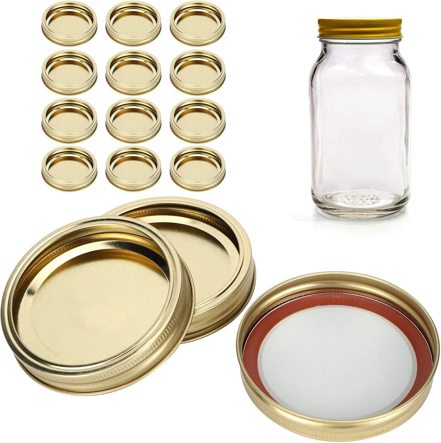 Stainless Steel Wide Mouth Mason Jar Lids Set - 12pcs Leakproof Canning Lids & Rings for 86mm Jars - Split Type Sealing Covers in Gold