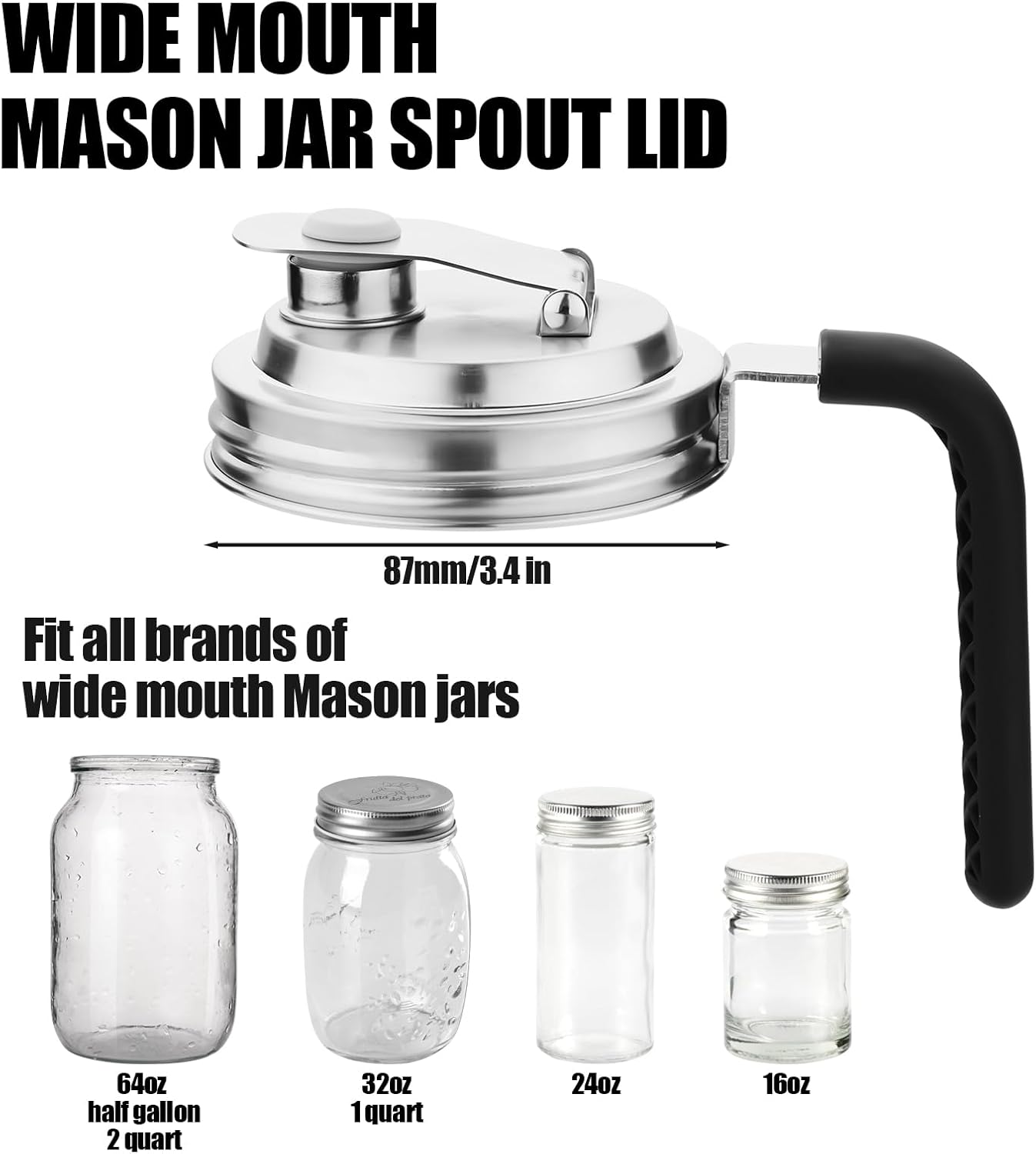 Stainless Steel Wide Mouth Mason Jar Pour Spout Lids with Handle - Set of 2 - Perfect for Home Brewing and Fruit Fermenting