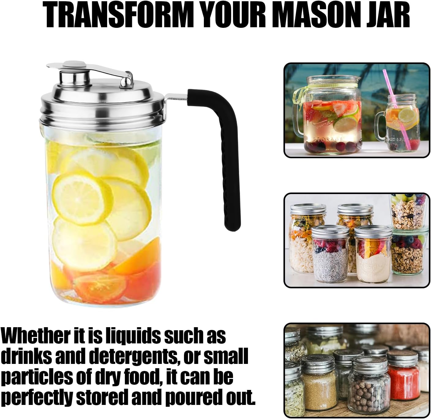 Stainless Steel Wide Mouth Mason Jar Pour Spout Lids with Handle - Set of 2 - Perfect for Home Brewing and Fruit Fermenting