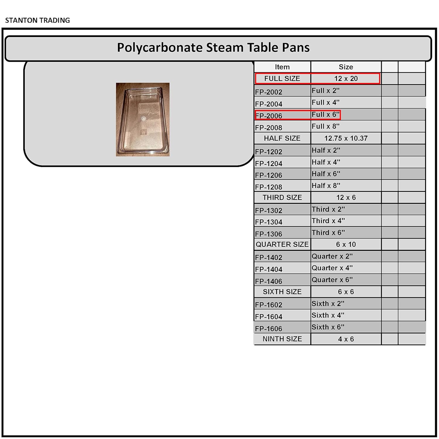 Stanton Trading FP-2006 Full Size Polycarbonate Food Pan - 6 Inch High
