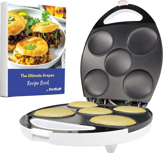 StarBlue Electric Arepa Maker and Mini Pancake Maker - Includes FREE Arepa Recipes eBook! Make 5 Authentic Venezuela and Colombia Style Arepas in Just 6 Minutes - 1200W AC 120V 60Hz