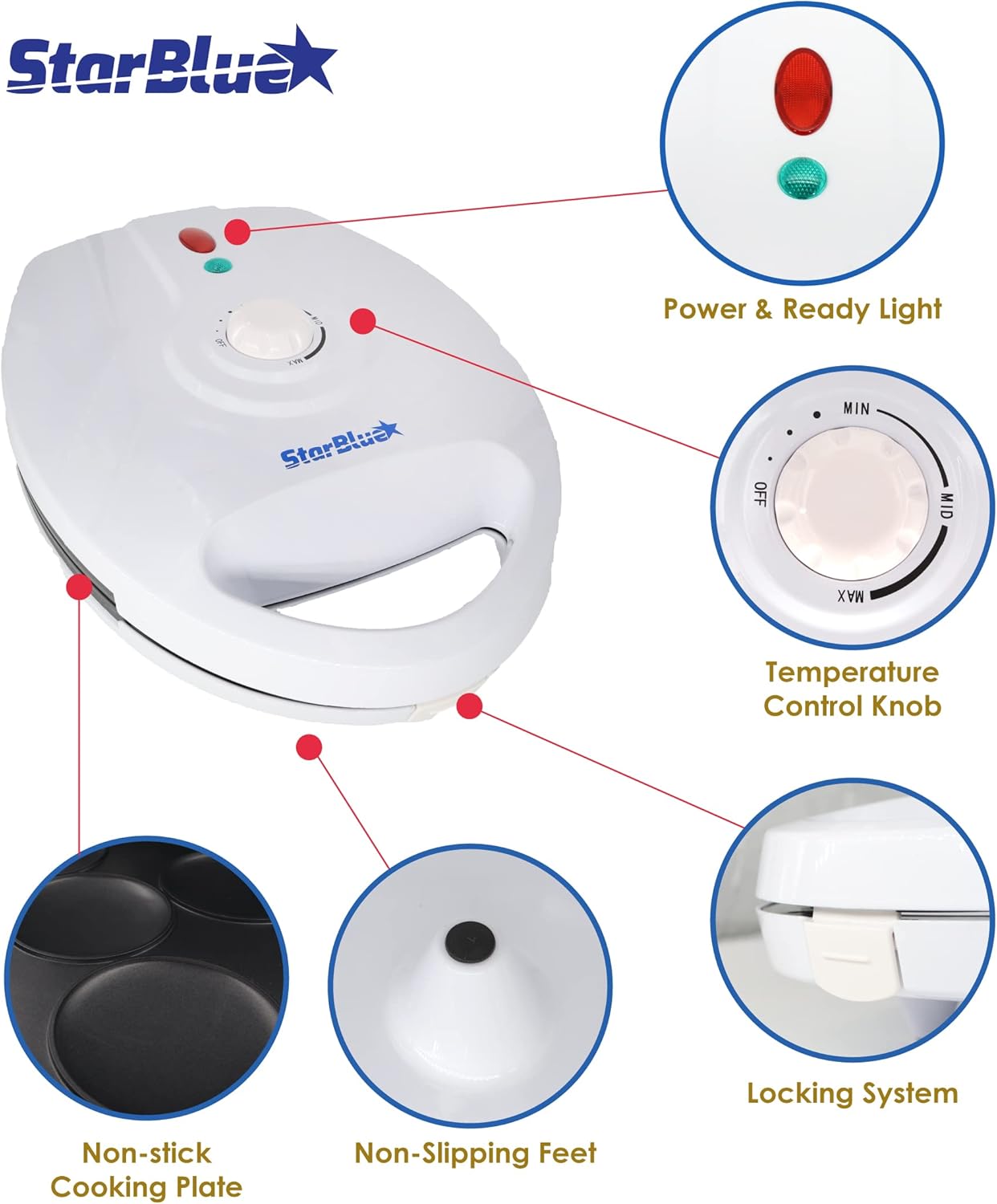 StarBlue Electric Arepa Maker and Mini Pancake Maker - Includes FREE Arepa Recipes eBook! Make 5 Authentic Venezuela and Colombia Style Arepas in Just 6 Minutes - 1200W AC 120V 60Hz