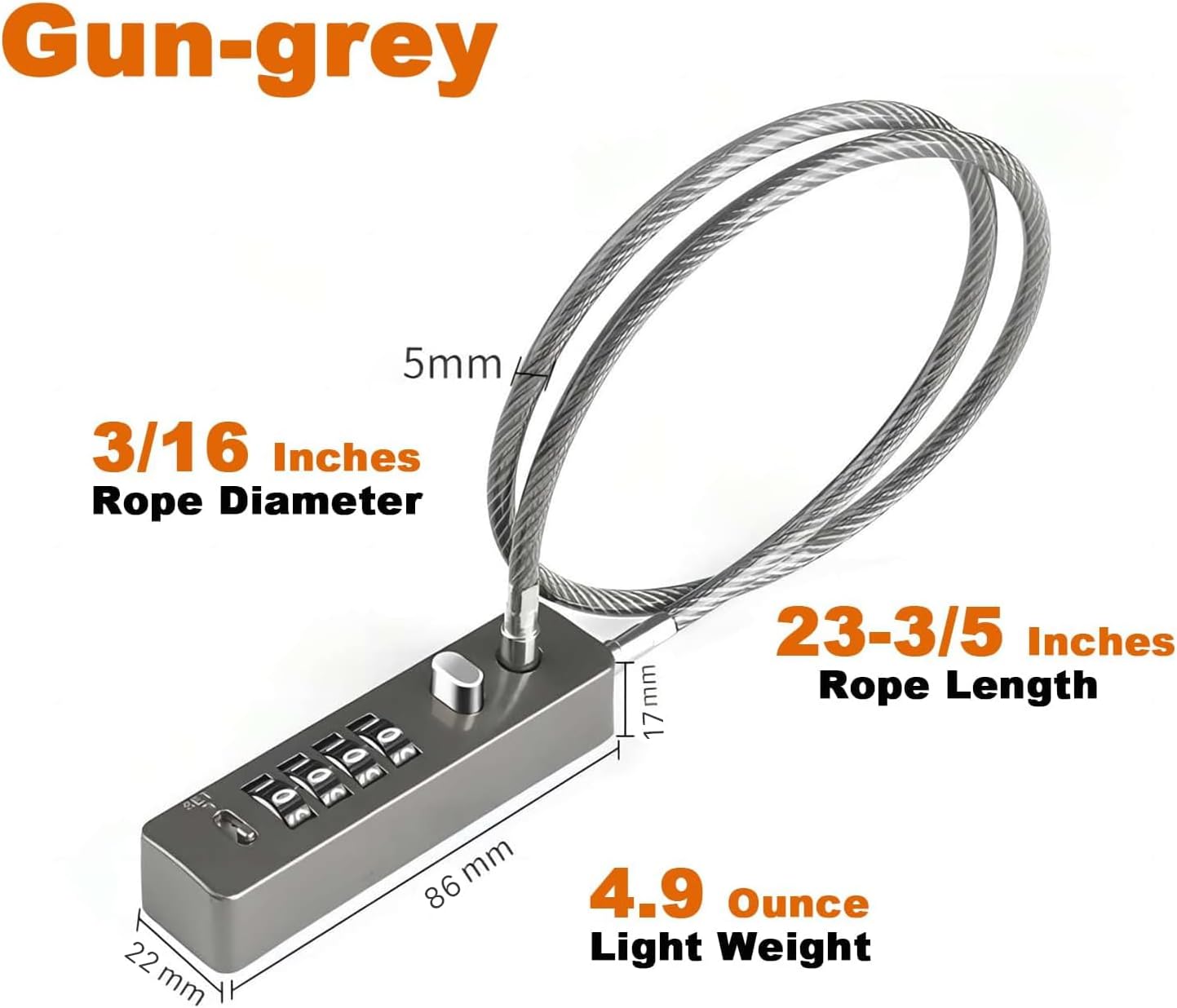 Steel Cable Combination Lock for Bikes, Lockers, File Cabinets - 23.6" Long Rope with 4-Digit Code Reset - Gun-Grey Color