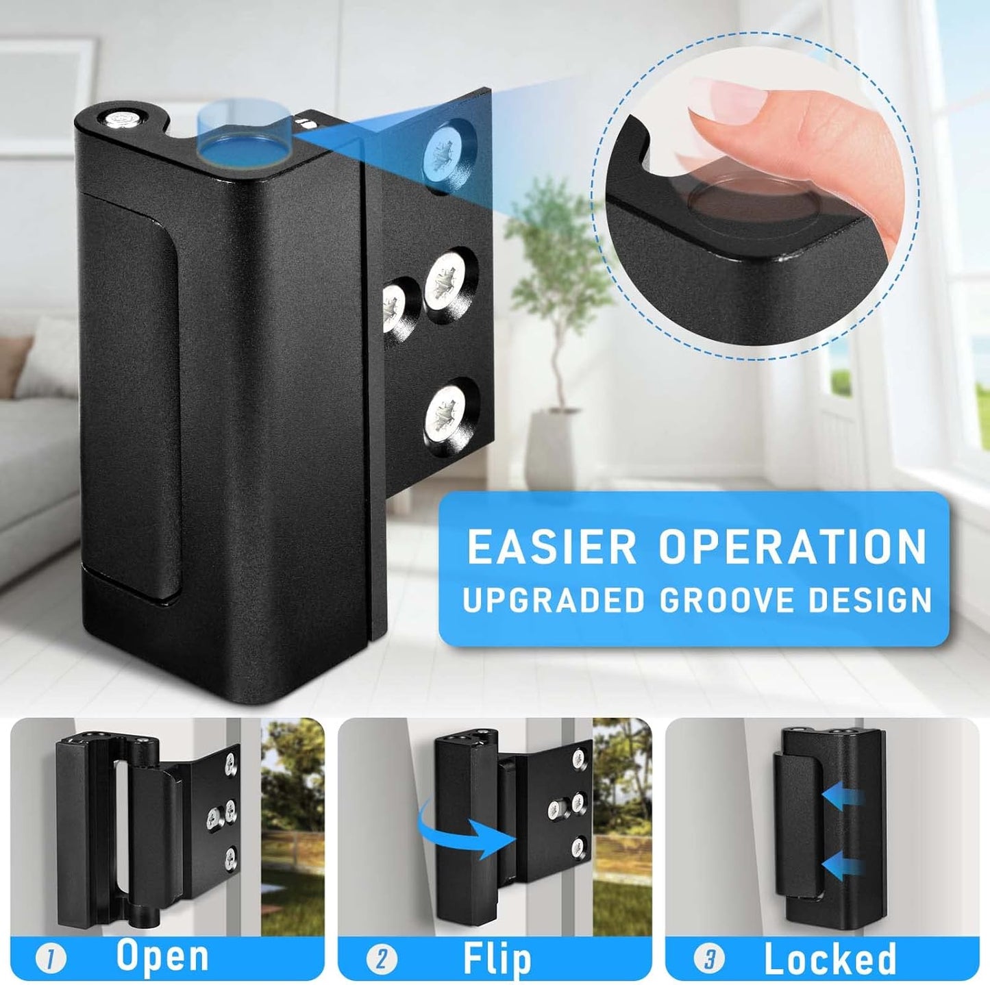 Steinwhale 3-Pack Home Security Door Locks for Childproof Safety and High Security, Aluminum Construction in Black Finish