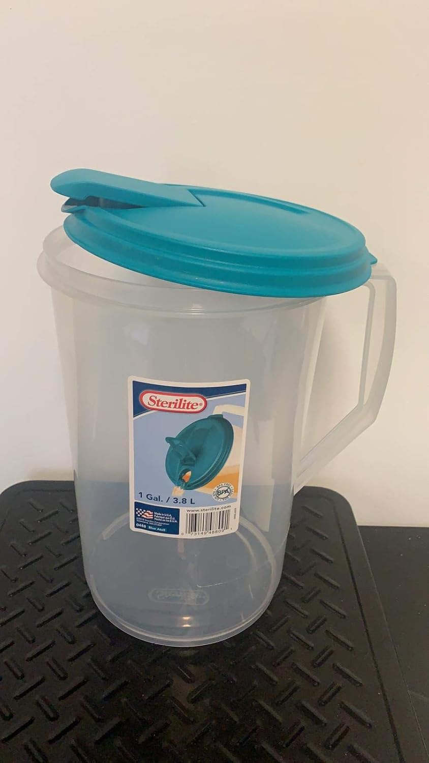 Sterilite 0488 One-Gallon Round Pitcher with Clear Base and Teal Lid - Blue-Atoll Tab Included