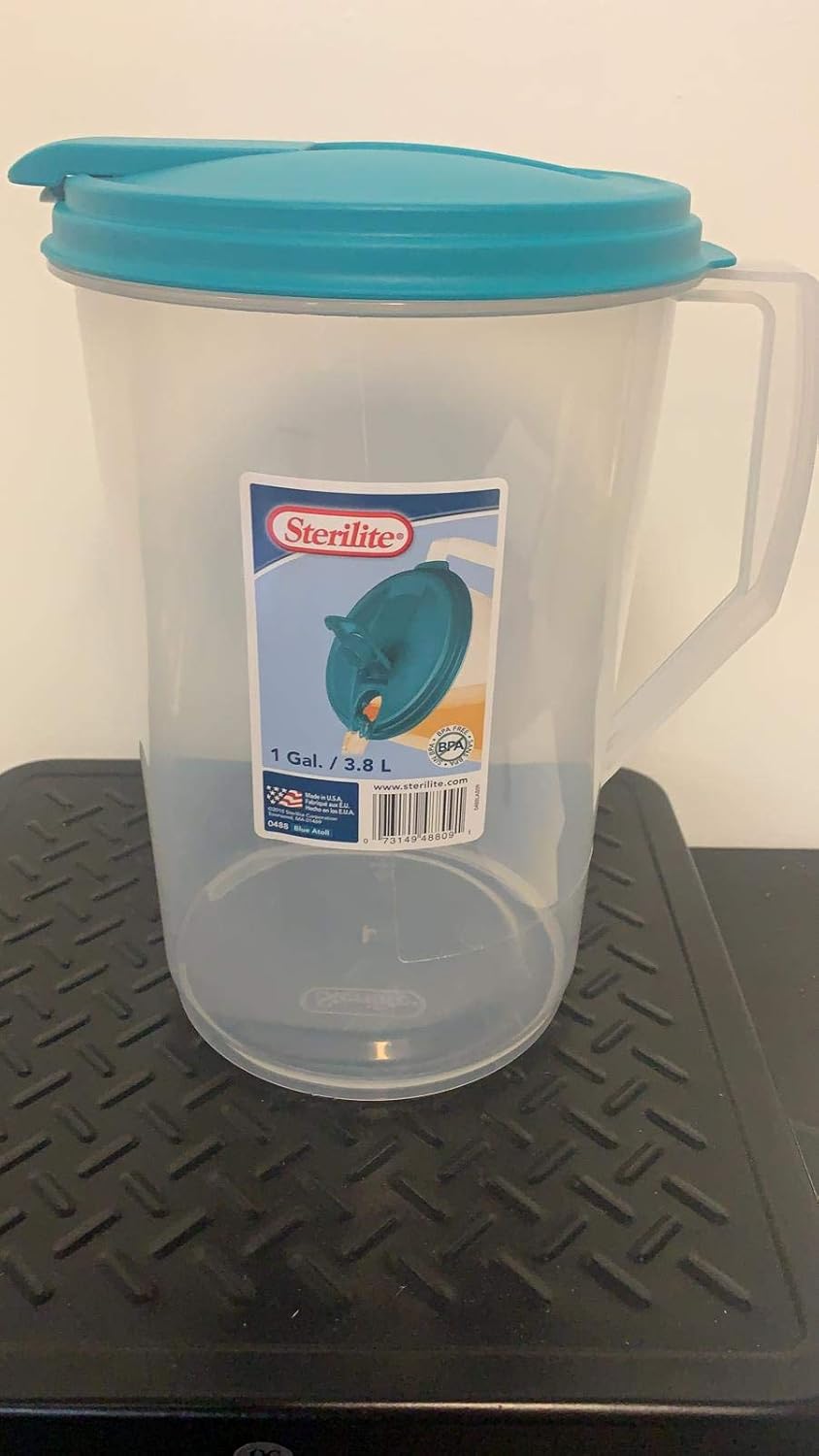Sterilite 0488 One-Gallon Round Pitcher with Clear Base and Teal Lid - Blue-Atoll Tab Included
