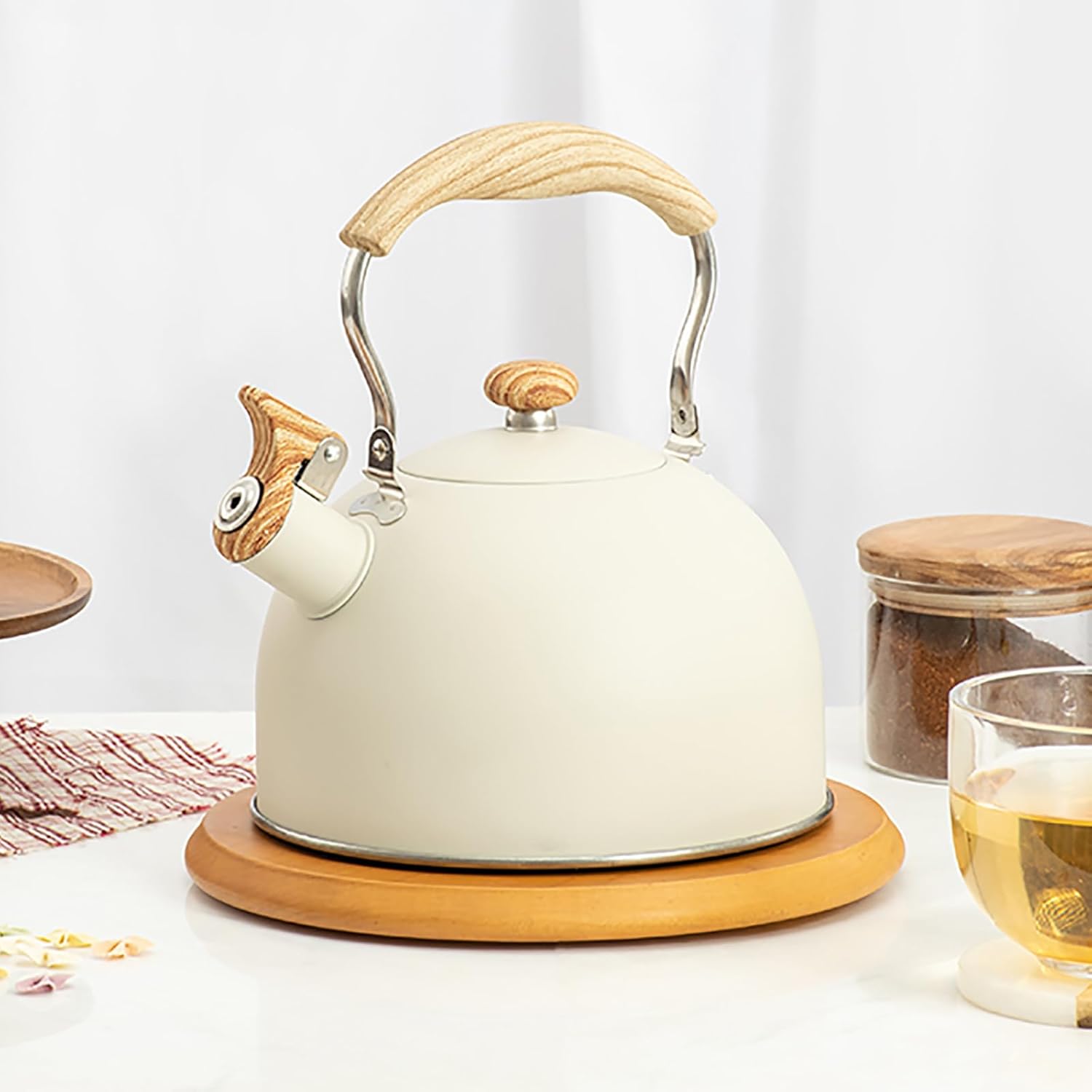 Stylish Stainless Steel Whistling Tea Kettle for Stovetop with Pattern Handle - Loud Whistle for Coffee, Milk, and More - 19.5cmX16.5cm - White
