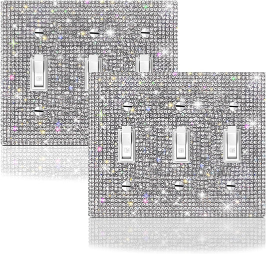 Suluor 2 PC Shiny Silver Rhinestones Wall Plate Cover - Decorative 3 Gang Toggle Outlet Covers with Bling Switch Cover