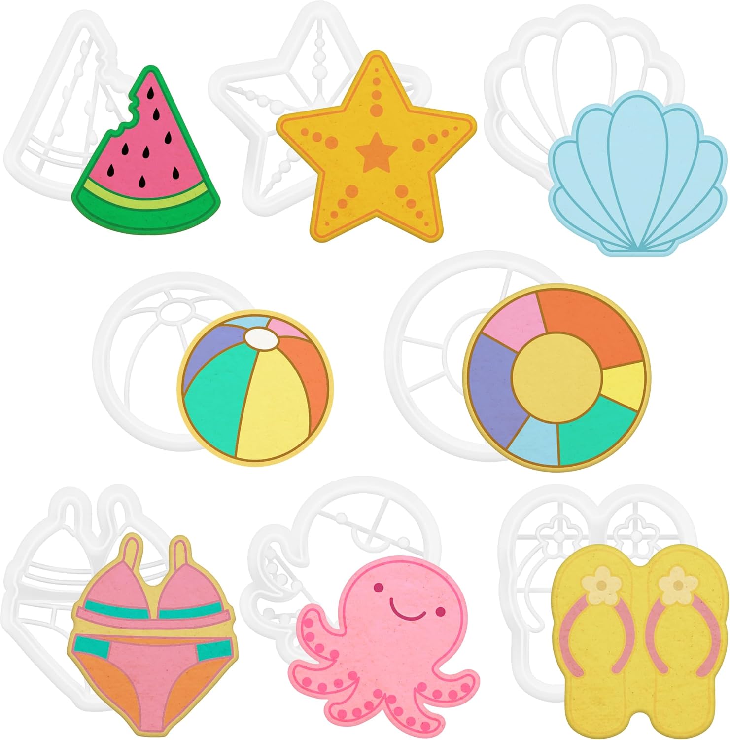 Summer Beach Cookie Cutters Set - 8 Pcs Polymer Clay Molds for Baking Watermelon Starfish Swimsuit Cookies - Fun Party Supplies