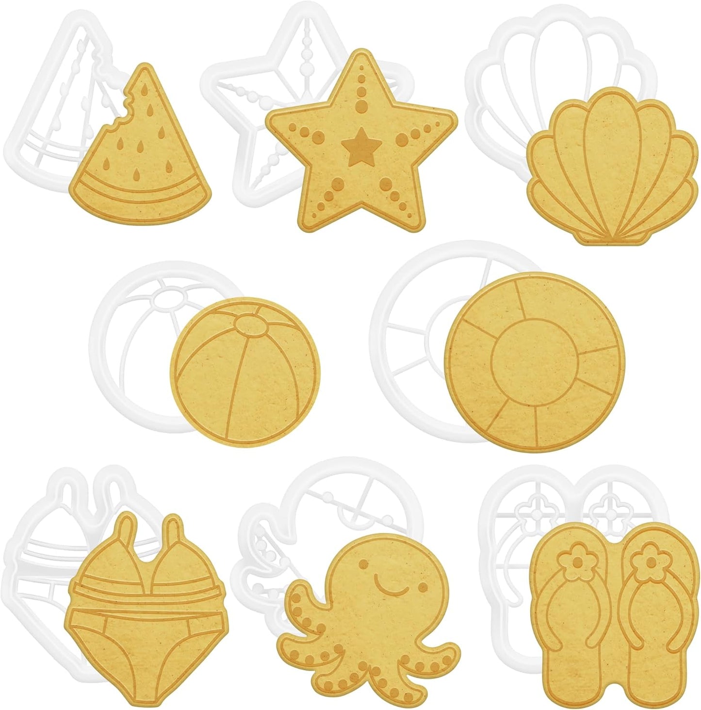 Summer Beach Cookie Cutters Set - 8 Pcs Polymer Clay Molds for Baking Watermelon Starfish Swimsuit Cookies - Fun Party Supplies