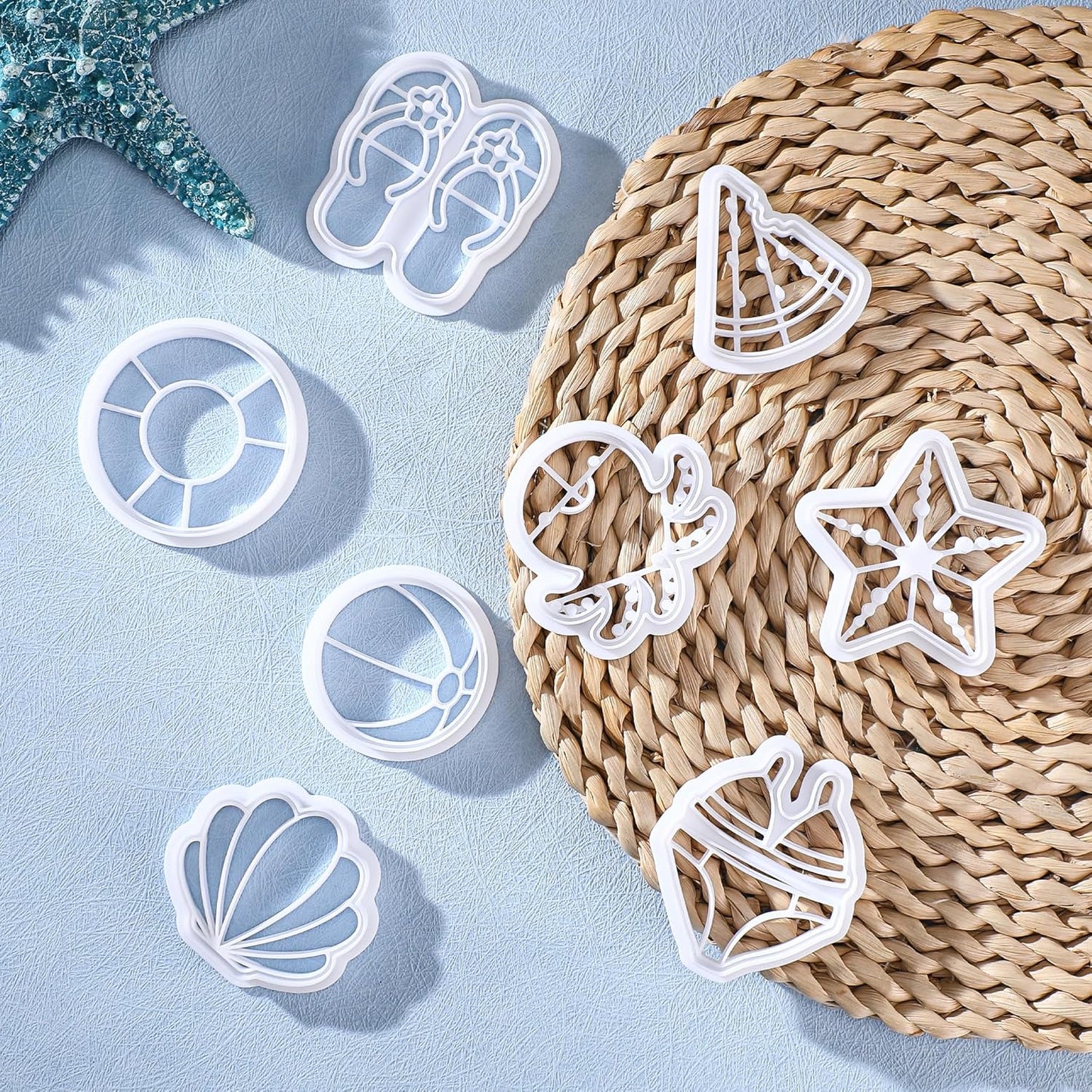 Summer Beach Cookie Cutters Set - 8 Pcs Polymer Clay Molds for Baking Watermelon Starfish Swimsuit Cookies - Fun Party Supplies