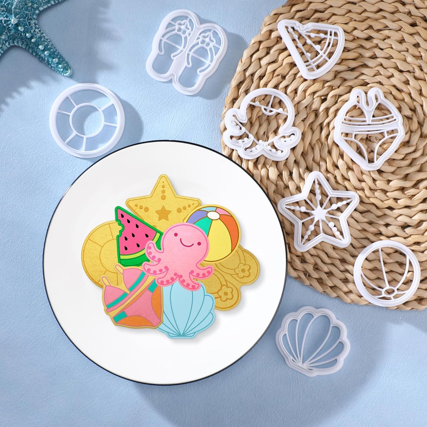 Summer Beach Cookie Cutters Set - 8 Pcs Polymer Clay Molds for Baking Watermelon Starfish Swimsuit Cookies - Fun Party Supplies