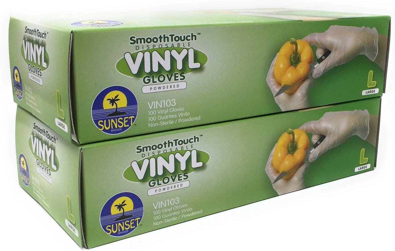 Sunset Brands Large Disposable Vinyl Gloves - Non-Sterile, Easy Slip On/Off, Smooth Touch, Food Service Grade - Pack of 200