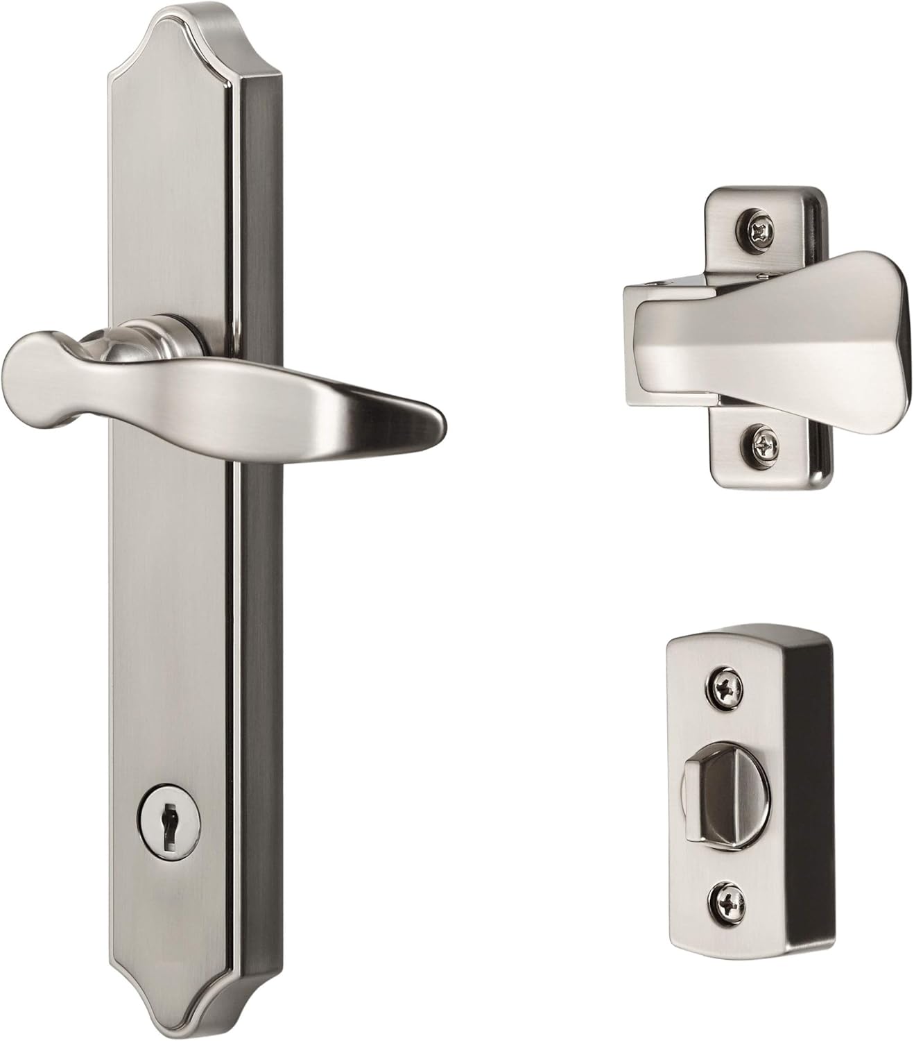 Surface Mount Storm Door Handle with Lock and Key - Ideal Security 1216, Satin Silver, 4-Posts, Fits 1-1 ½" Thick Doors