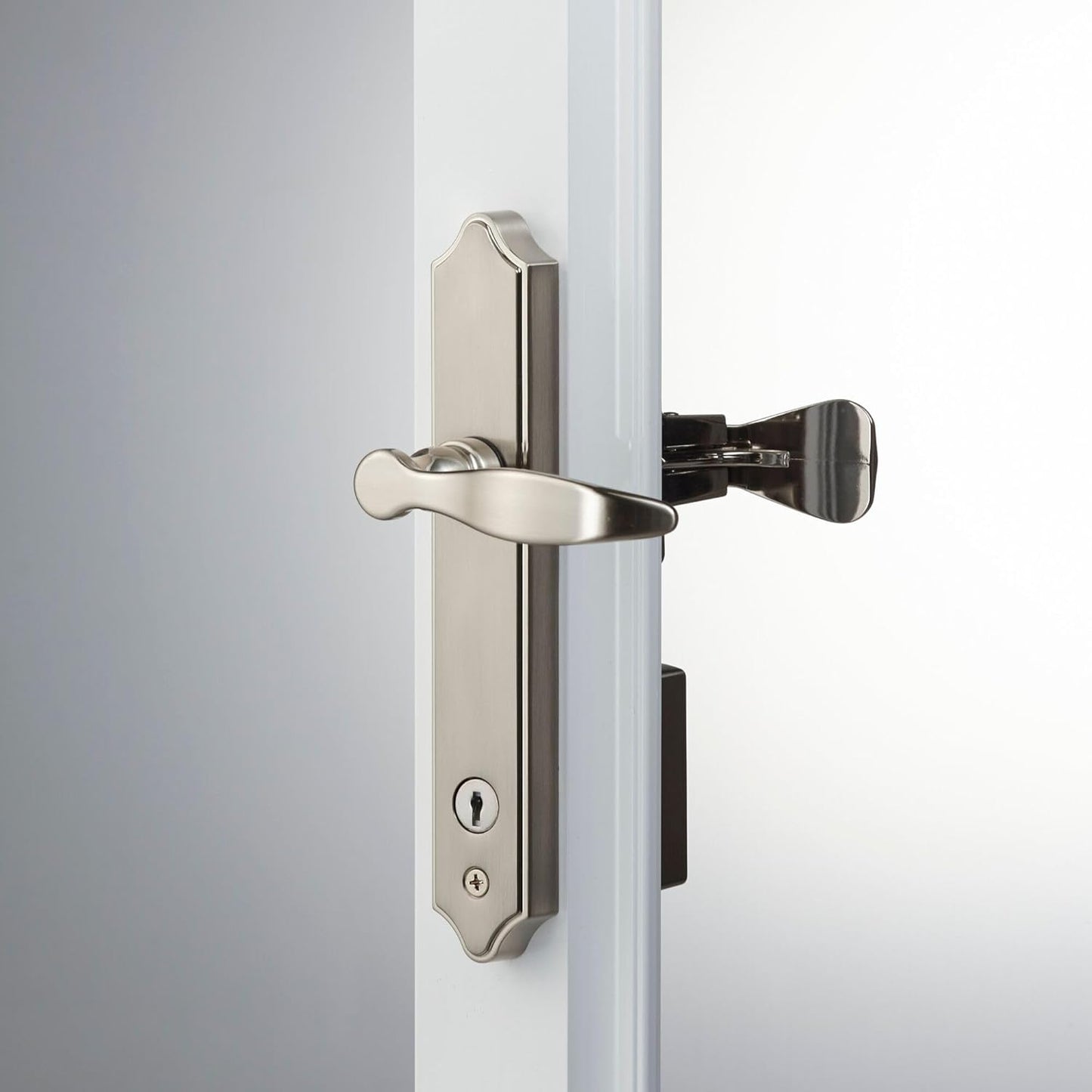Surface Mount Storm Door Handle with Lock and Key - Ideal Security 1216, Satin Silver, 4-Posts, Fits 1-1 ½" Thick Doors