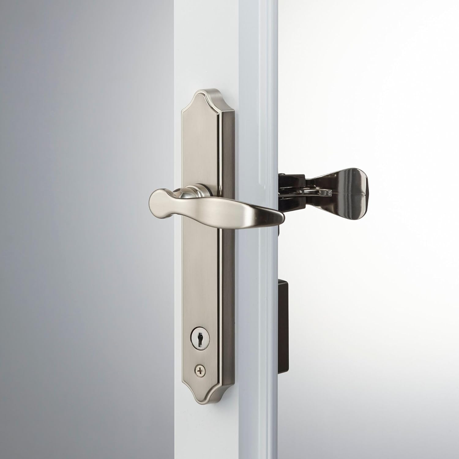 Surface Mount Storm Door Handle with Lock and Key - Ideal Security 1216, Satin Silver, 4-Posts, Fits 1-1 ½" Thick Doors