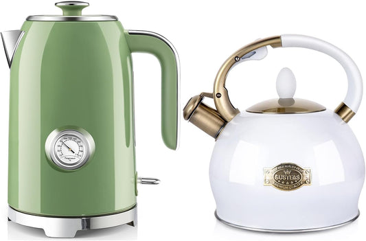 SUSTEAS 2.64 Quart Stove Top Whistling Tea Kettle and 57oz Electric Kettle Set with Thermometer