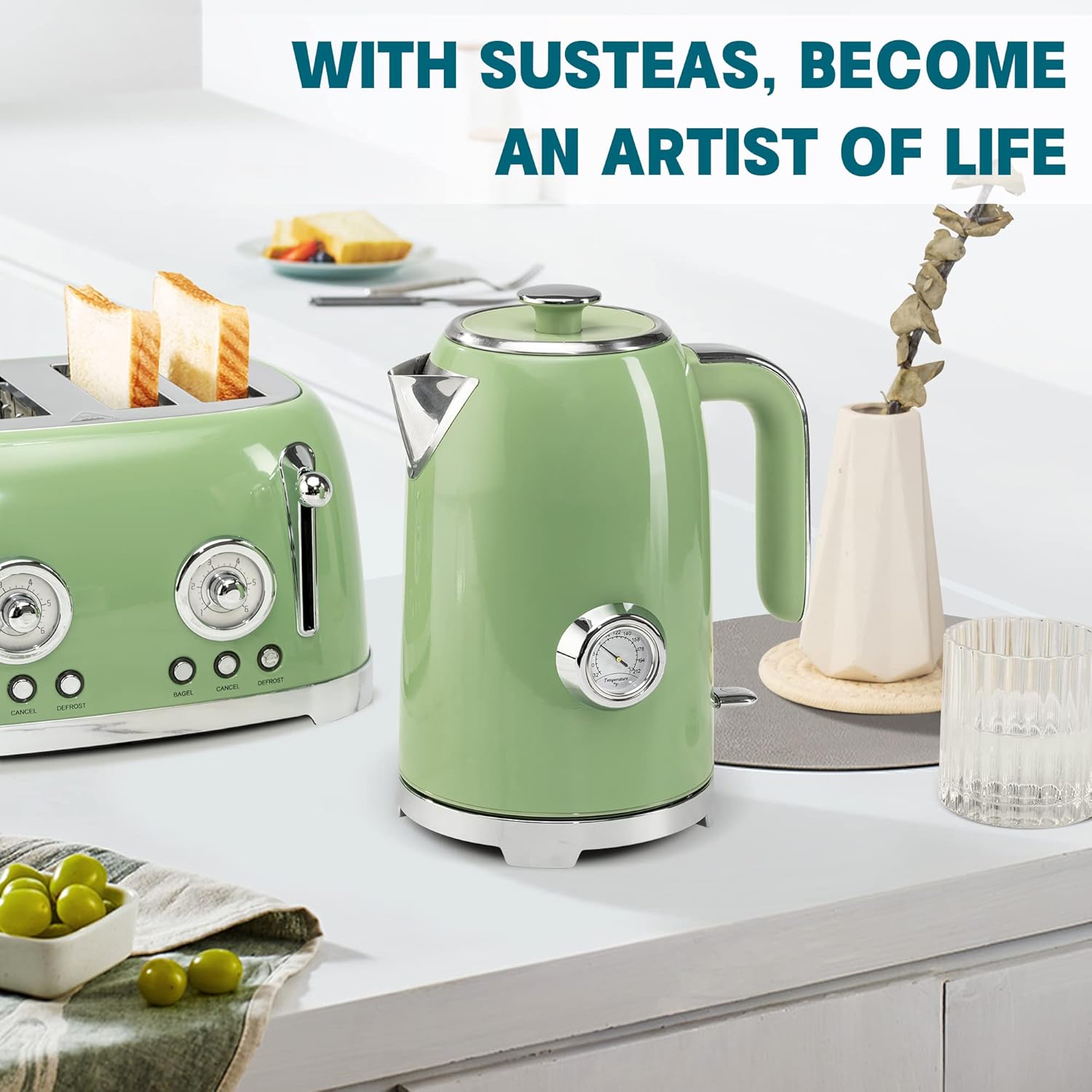 SUSTEAS 2.64 Quart Stove Top Whistling Tea Kettle and 57oz Electric Kettle Set with Thermometer