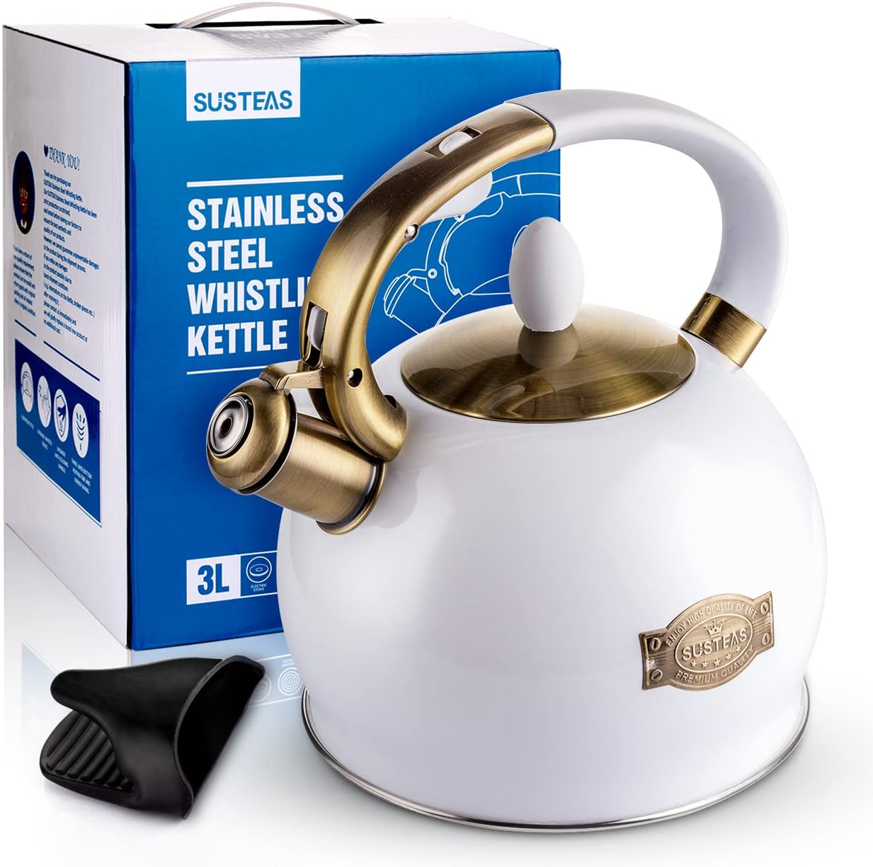 SUSTEAS 2.64 Quart Stove Top Whistling Tea Kettle and 57oz Electric Kettle Set with Thermometer