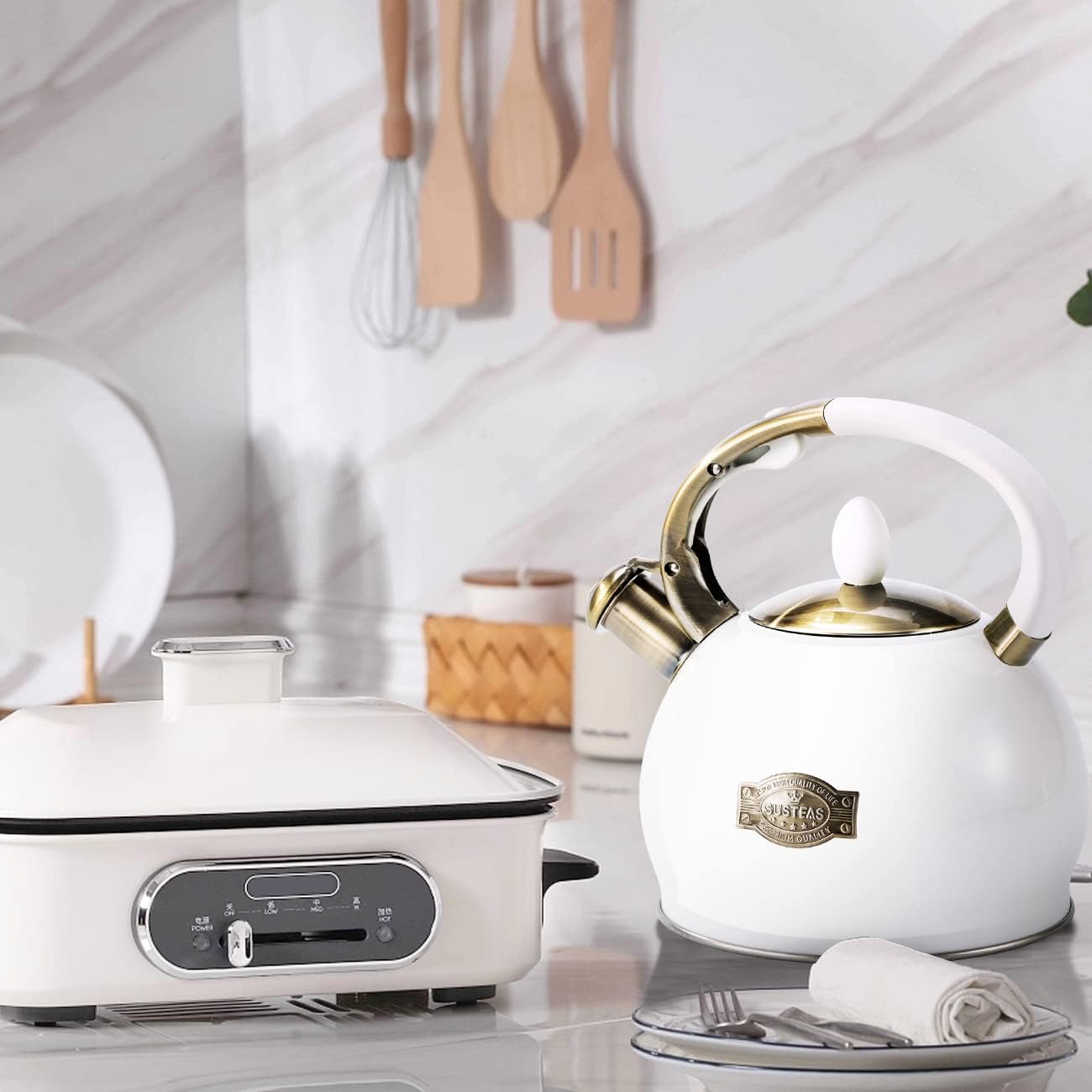 SUSTEAS 2.64 Quart Stove Top Whistling Tea Kettle and 57oz Electric Kettle Set with Thermometer