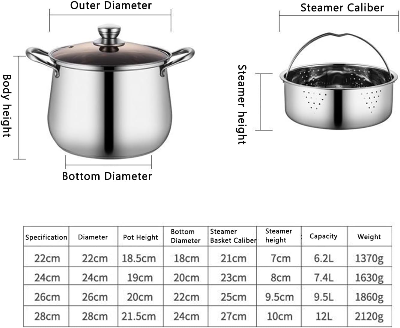 SVRITE Stainless Steel 2 Tier Food Steamer Boil Pot - Large Metal Cookware for Seafood and Vegetables with Glass Lid (26cm)