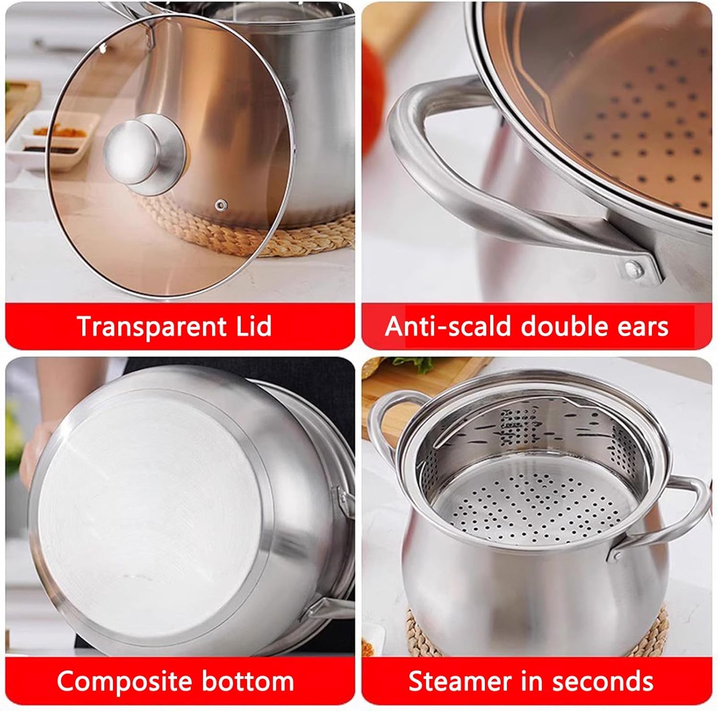 SVRITE Stainless Steel 2 Tier Food Steamer Boil Pot - Large Metal Cookware for Seafood and Vegetables with Glass Lid (26cm)