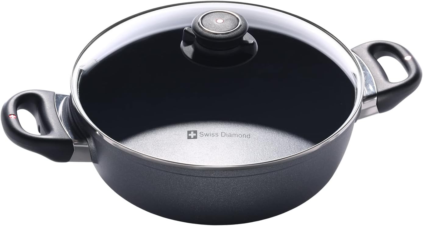 Swiss Diamond 9.5" 3.2Qt Casserole Pan with Lid - Nonstick Diamond Coated Aluminum, PFOA Free, Dishwasher and Oven Safe - Grey Color