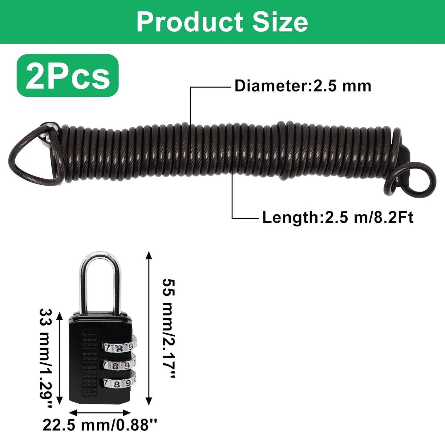 Sydien Self-Coiling Security Cable Lock Combo | 8.2Ft Extensible Wire w/ Double Loops & Vinyl Cover | 2.5mm Thickness | Ideal for Luggage, Bike, Gate, Fence | Black, 2 Pack