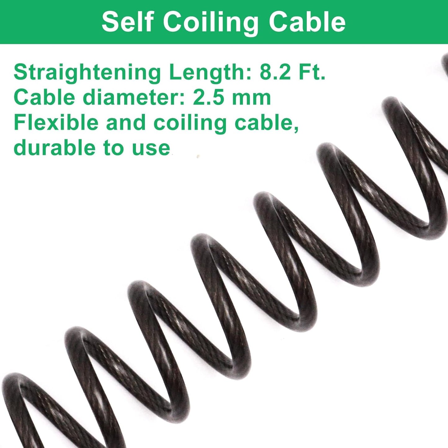 Sydien Self-Coiling Security Cable Lock Combo | 8.2Ft Extensible Wire w/ Double Loops & Vinyl Cover | 2.5mm Thickness | Ideal for Luggage, Bike, Gate, Fence | Black, 2 Pack