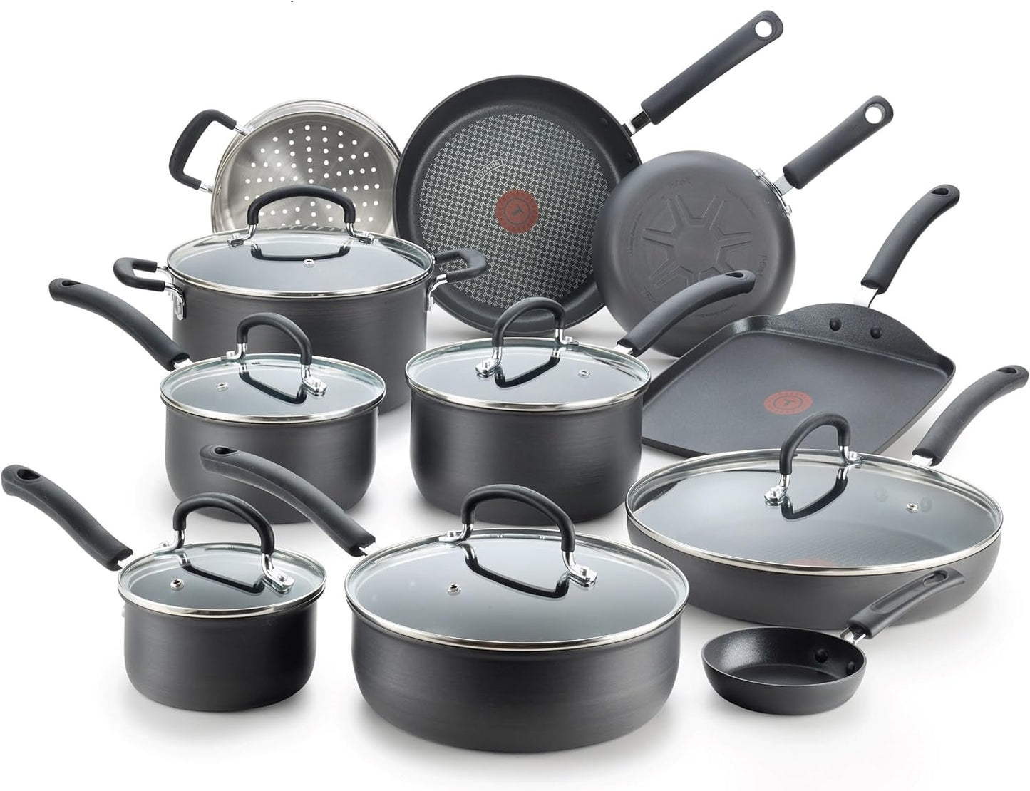 T-fal 17-Piece Hard Anodized Nonstick Cookware Set - Oven and Broiler Safe, Kitchen Cooking Set with Fry Pans, Saucepans, Saute Pan, and Griddle - Dishwasher Safe Black