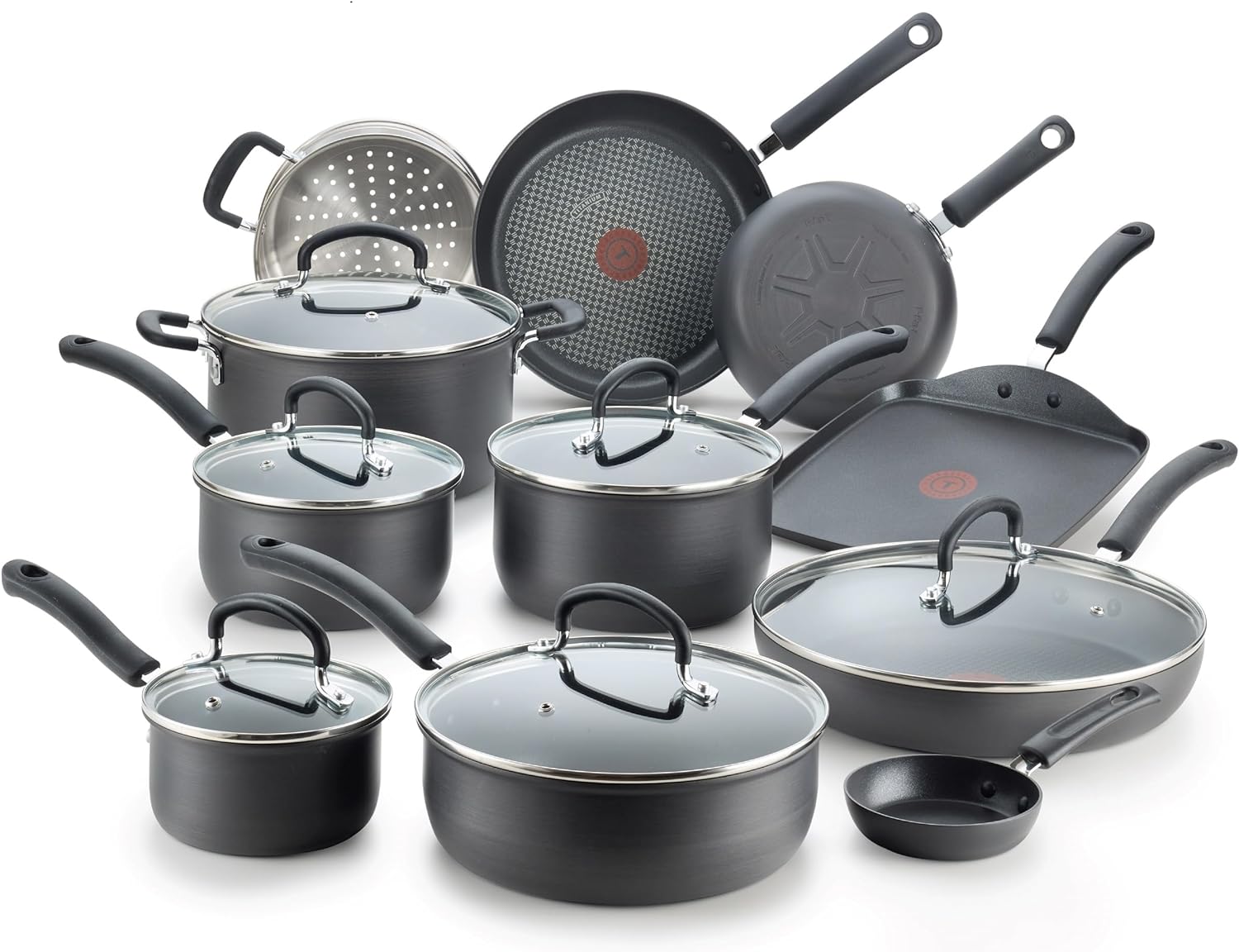 T-fal 17-Piece Hard Anodized Nonstick Cookware Set - Oven and Broiler Safe, Kitchen Cooking Set with Fry Pans, Saucepans, Saute Pan, and Griddle - Dishwasher Safe Black
