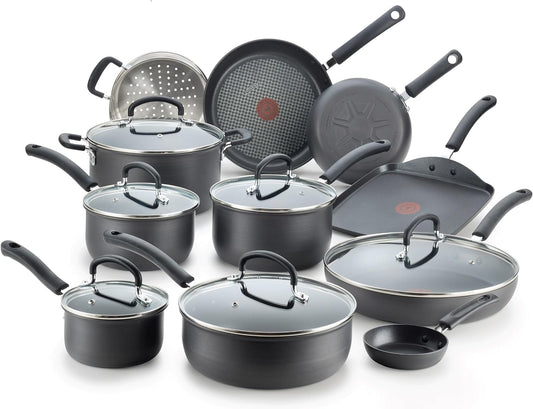 T-fal 17-Piece Hard Anodized Nonstick Cookware Set - Oven and Broiler Safe, Kitchen Cooking Set with Fry Pans, Saucepans, Saute Pan, and Griddle - Dishwasher Safe Black