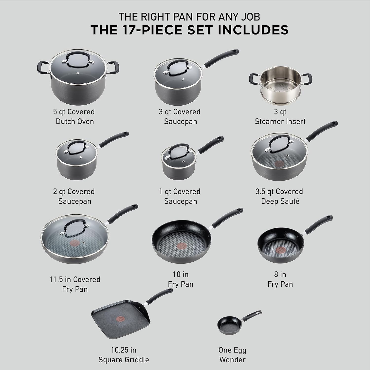 T-fal 17-Piece Hard Anodized Nonstick Cookware Set - Oven and Broiler Safe, Kitchen Cooking Set with Fry Pans, Saucepans, Saute Pan, and Griddle - Dishwasher Safe Black