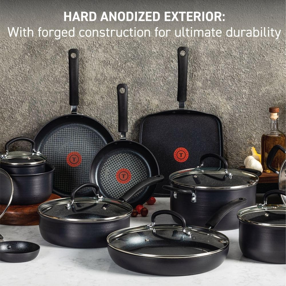 T-fal 17-Piece Hard Anodized Nonstick Cookware Set - Oven and Broiler Safe, Kitchen Cooking Set with Fry Pans, Saucepans, Saute Pan, and Griddle - Dishwasher Safe Black