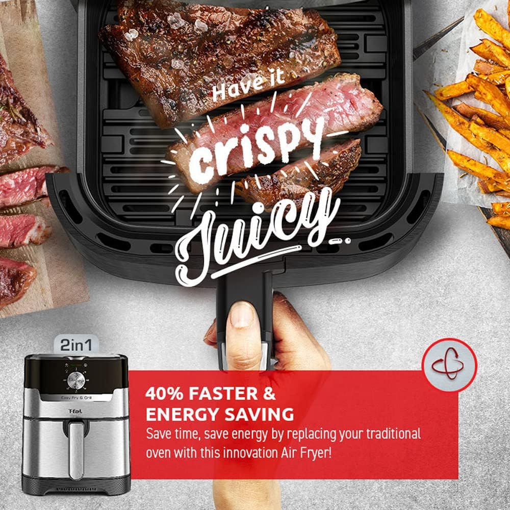 T-fal Easy Fry and Grill Air Fryer with Die Cast Grill Plate, Stainless Steel, 4.4Qt, Digital Recipe Book