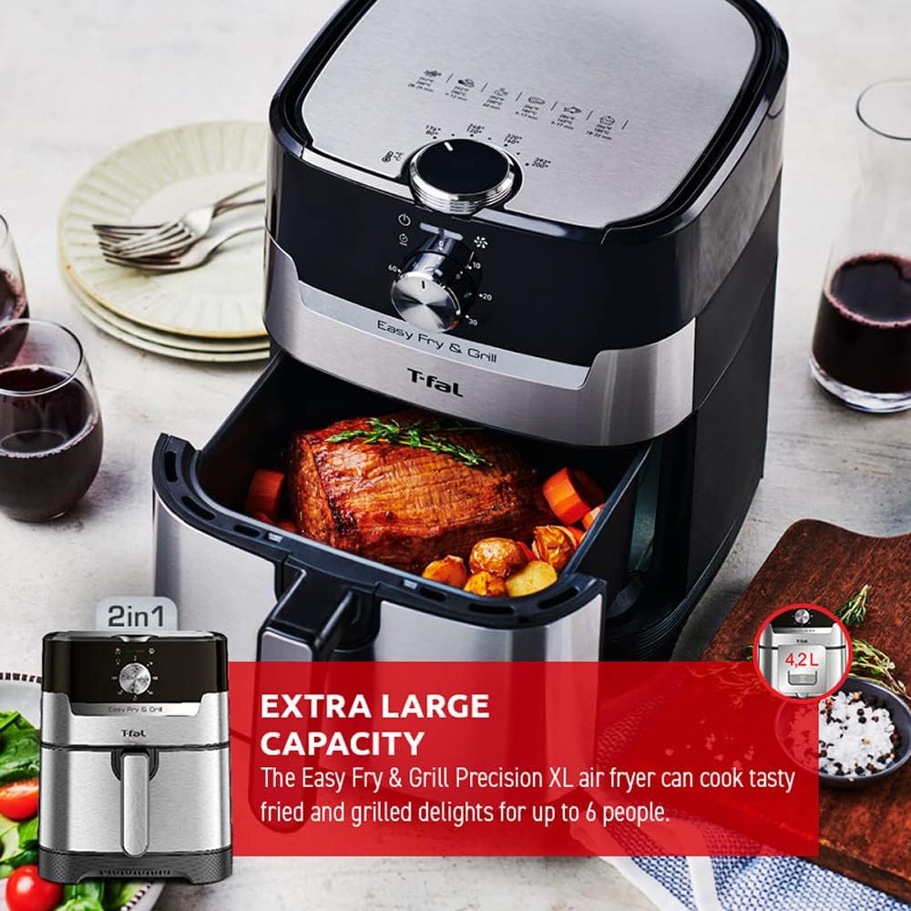 T-fal Easy Fry and Grill Air Fryer with Die Cast Grill Plate, Stainless Steel, 4.4Qt, Digital Recipe Book
