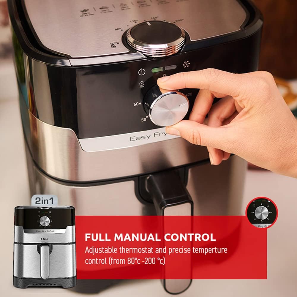 T-fal Easy Fry and Grill Air Fryer with Die Cast Grill Plate, Stainless Steel, 4.4Qt, Digital Recipe Book